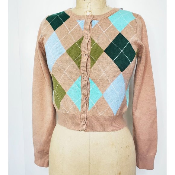CIDER Womens Argyle Print Knit Crop Cardigan Sweater Jacket Retro S NWT - Picture 1 of 7